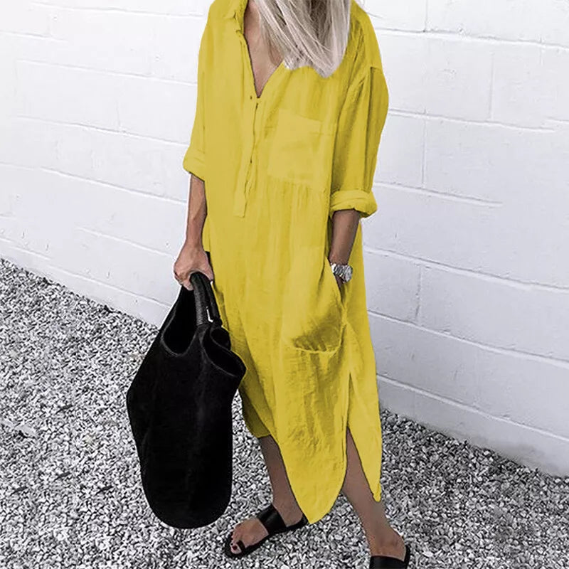 W&W Mode - Lockeres langes Kleid mit langen Ärmeln und Seitentaschen Kleid