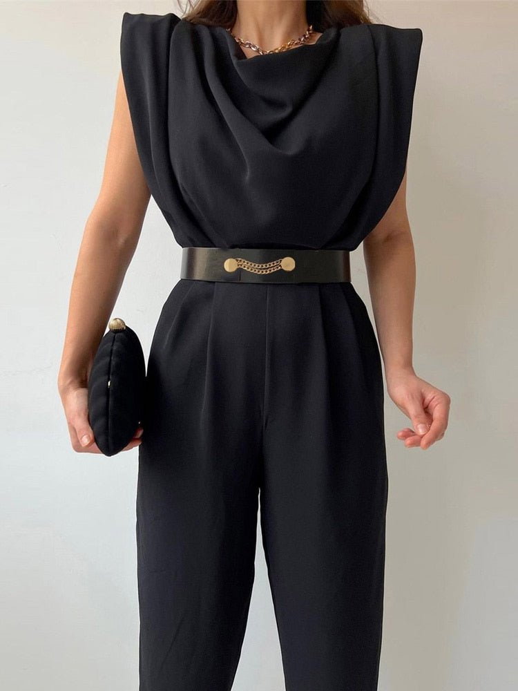 W&W Mode | Lässiger Ärmelloser Jumpsuit mit V-ausschnitt Taillengürtel und Schmaler Passform