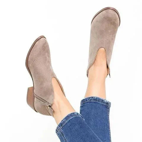 W&W Mode | Damen Wildleder Ankle Boots mit Niedrigem Blockabsatz, V-förmiges Design, Reißverschluss