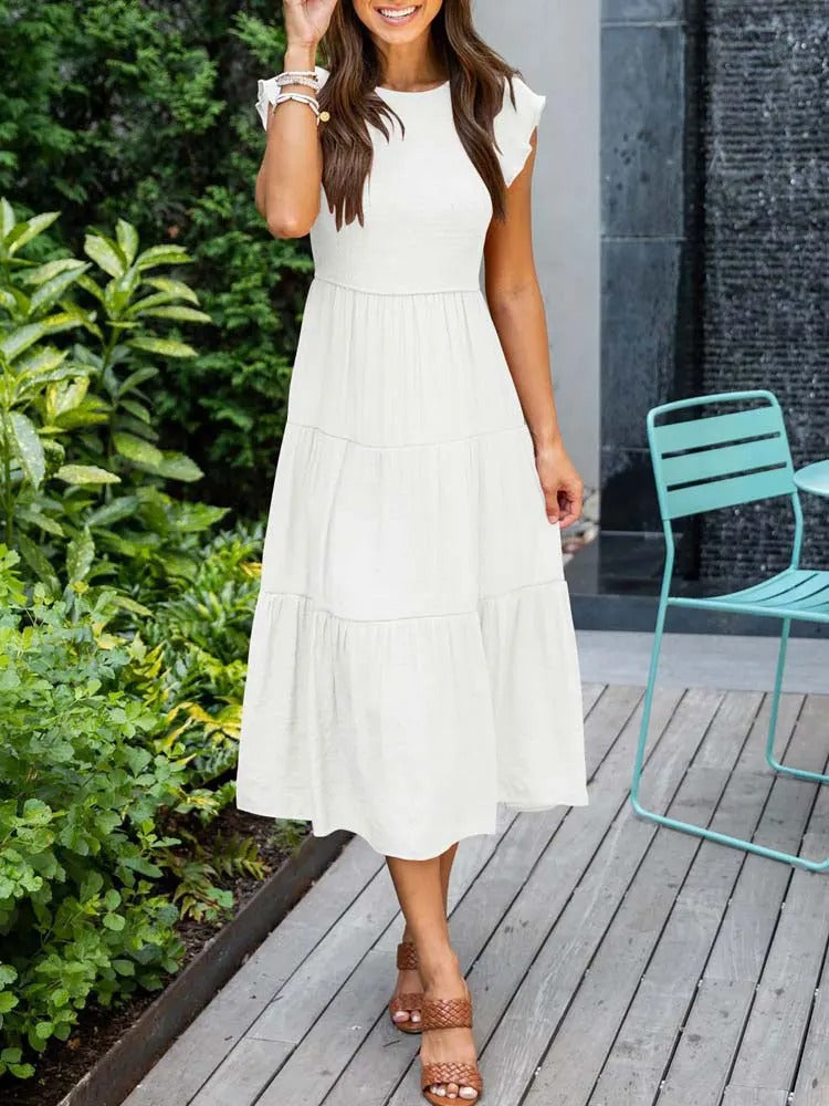 W&W Mode | Elegantes Plissiertes Lagenkleid mit Kurzen Ärmeln