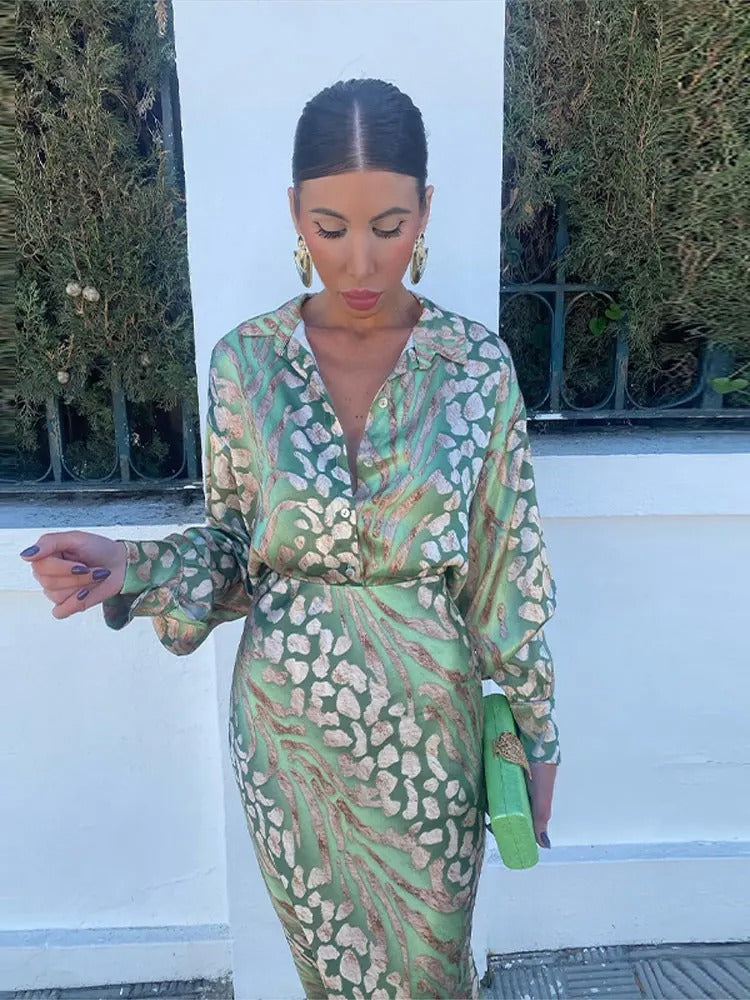 W&W Mode | Satinierte Bedruckte Midi Kleid mit Langen Ärmeln für Frauen