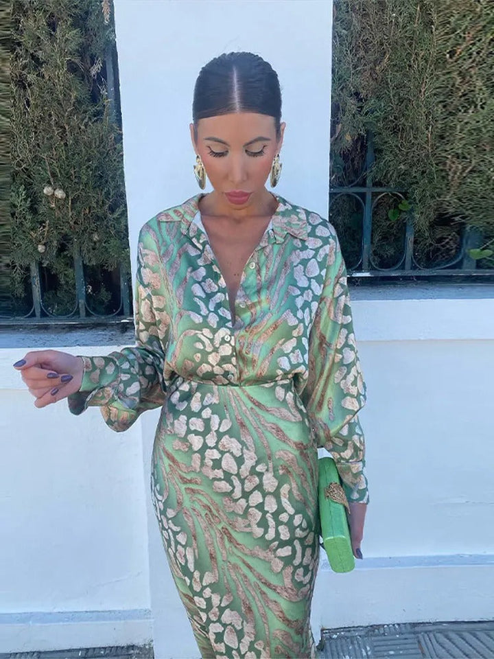 W&W Mode | Satinierte Bedruckte Midi Kleid mit Langen Ärmeln für Frauen