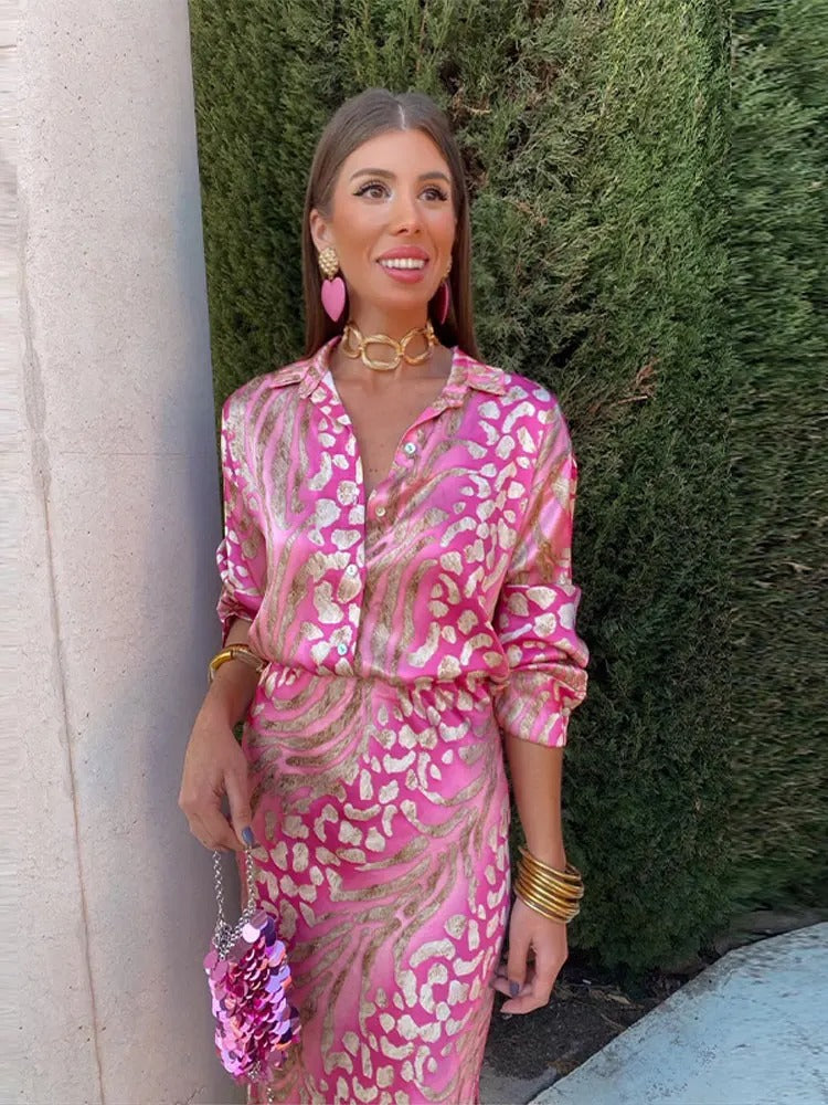 W&W Mode | Satinierte Bedruckte Midi Kleid mit Langen Ärmeln für Frauen
