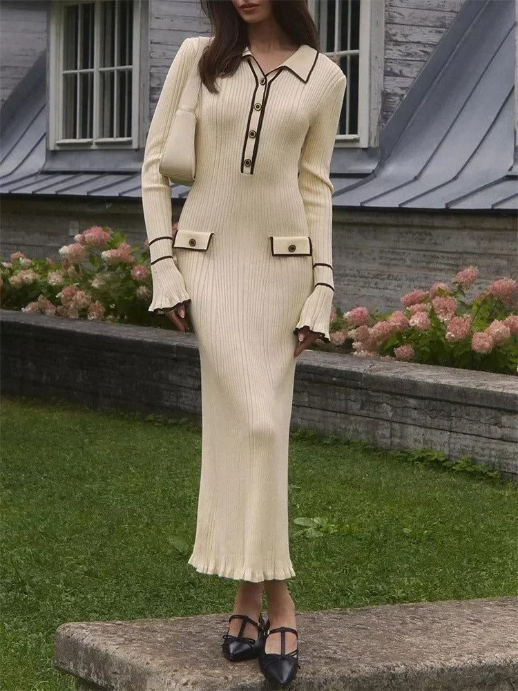 W&W Mode | Elegantes Strick Mantelanzug Kleid Mit Hoher Taille