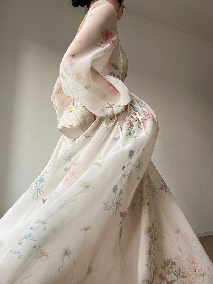 Damen Chiffon-Midikleid mit Puffärmeln und quadratischem Ausschnitt
