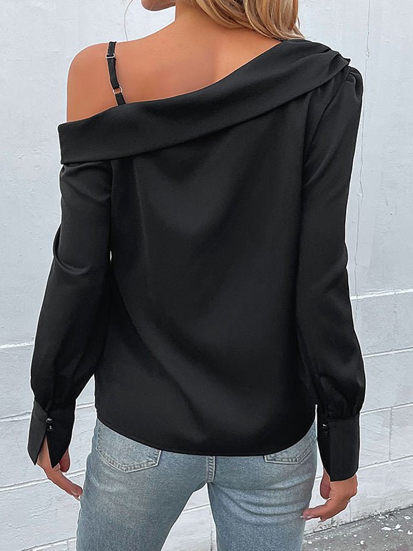 W&W Mode | Damen T-Shirts Unregelmäßig Schwarz Träger Langarm T-Shirt