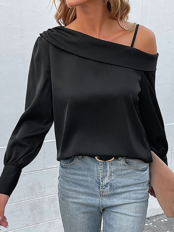 W&W Mode | Damen T-Shirts Unregelmäßig Schwarz Träger Langarm T-Shirt